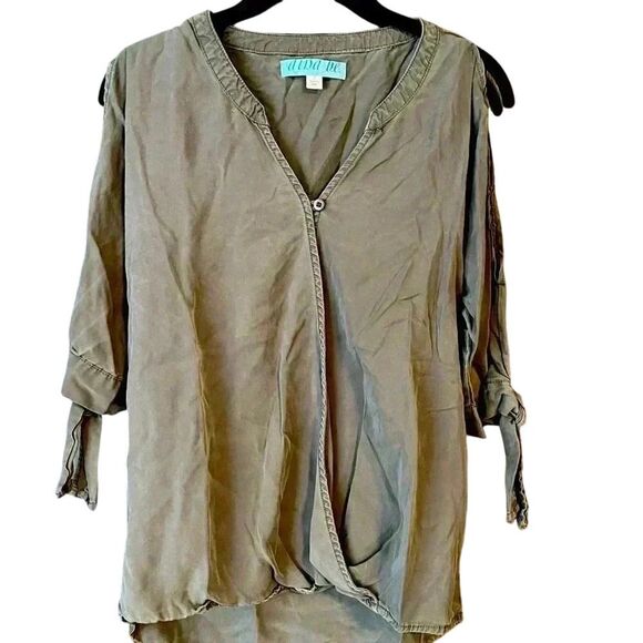 Alba De Olive Green V-Neck Wrap Blouse with Roll-Tab Sleeves CasualTop A2‎ - Picture 1 of 6